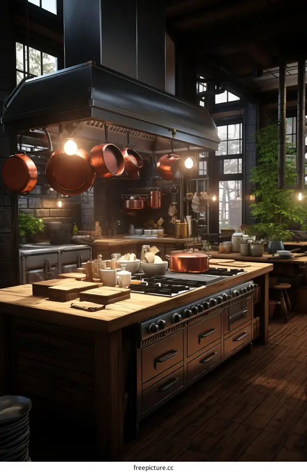 Rustic Kitchen with Large Stove and Copper Pots