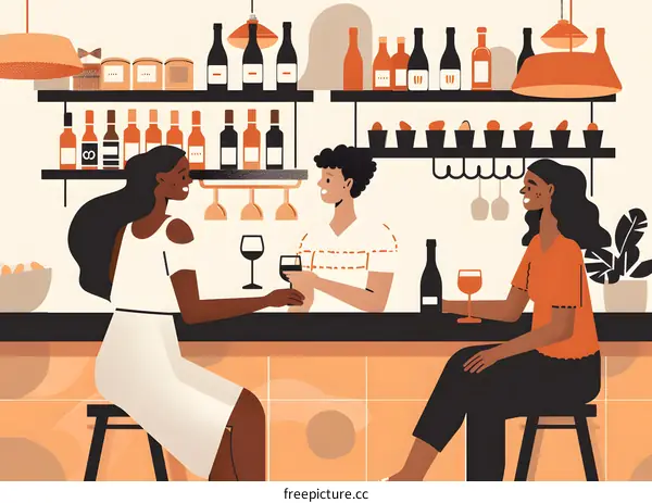 Friends Enjoying Wine at a Bar Illustration