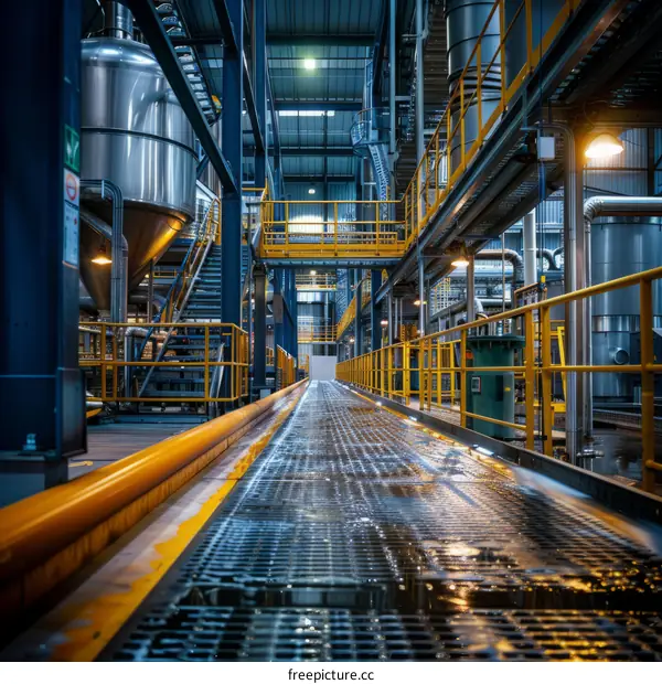 Modern Industrial Building Interior with Metal Pipes and Platforms