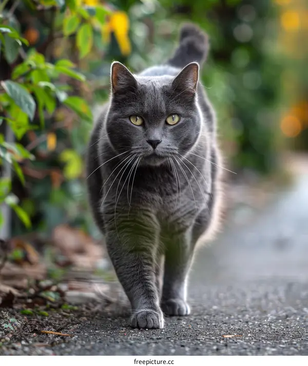 Gray Cat Walking on a Sidewalk