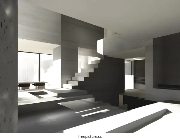 Modern Minimalist Concrete Home Interior Design with Staircase