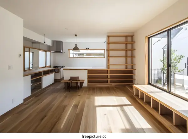Modern Kitchen Interior Design with Wooden Shelving and Window