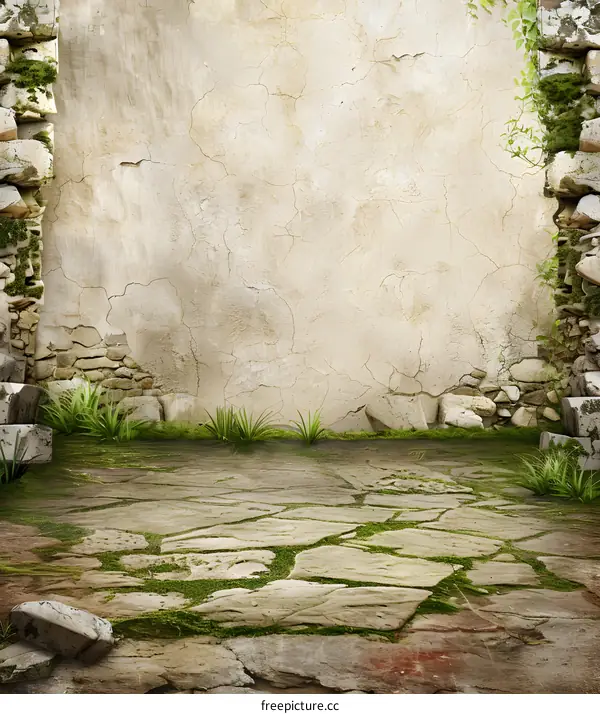 Old Stone Wall With Crack,  Stone Path and Moss