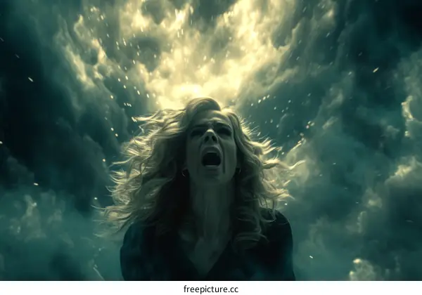 A woman screams in a storm