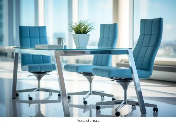Modern Office Interior with Blue Leather Chairs and Glass Table