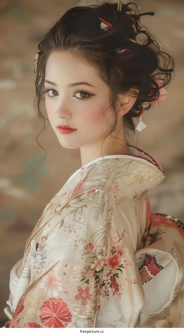 Portrait of a beautiful Asian woman in traditional Japanese kimono