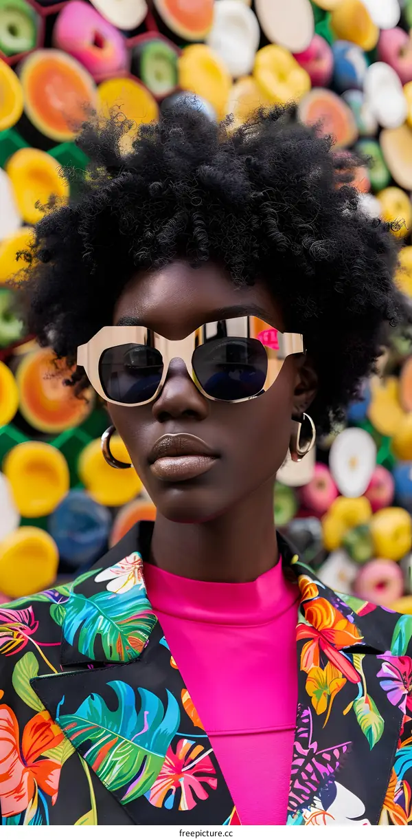 Woman Wearing Sunglasses and Floral Blazer With Colorful Background