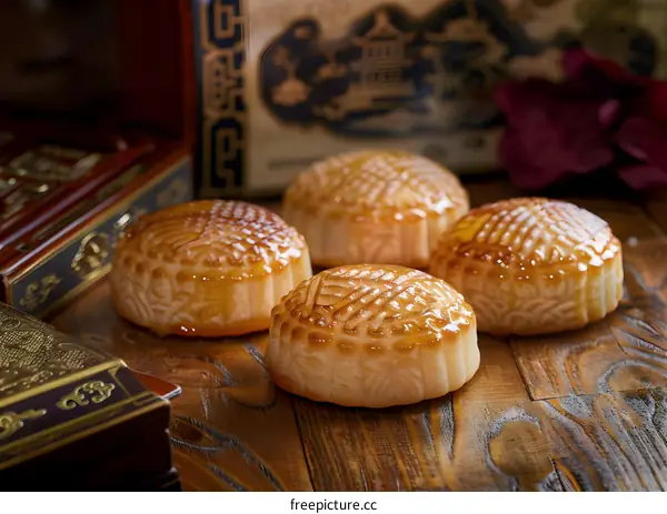 Chinese Moon Cakes on Wooden Table