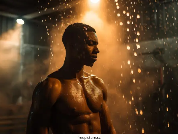 Black male athlete standing in the rain