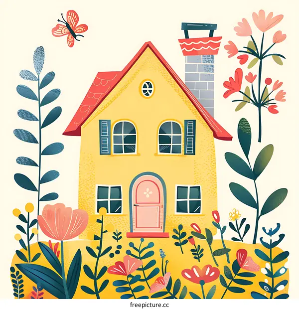 Yellow House with Flowers and Butterfly Illustration