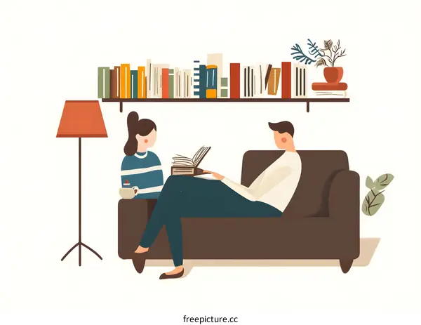 Couple Relaxing on a Couch with a Book and a Cup of Coffee