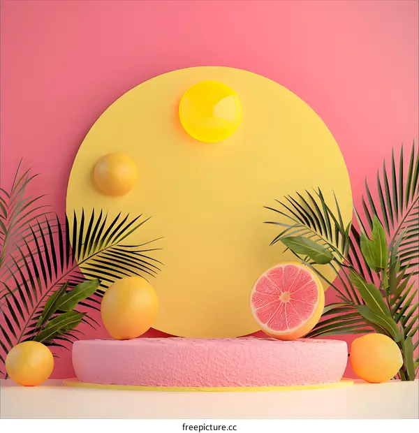 Pink and Yellow Summer Product Display Platform with Palm Leaves and Citrus Fruits