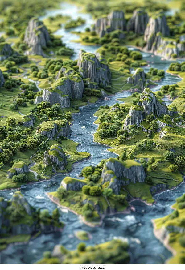 3D Isometric View of Landscape with Winding Rivers and Islands