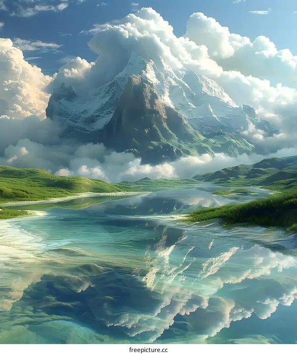 The majestic snow-capped mountain is reflected in the lake