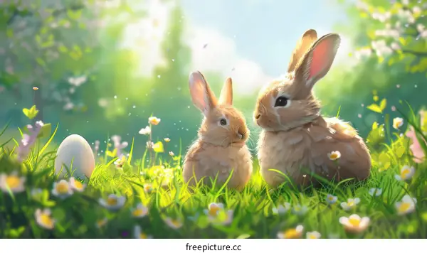 Two rabbits sitting in a field of flowers