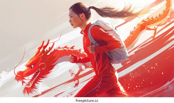 Powerful Asian Woman Running with a Red Dragon