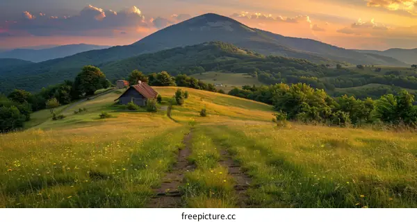 Rural mountain landscape with a lonely house