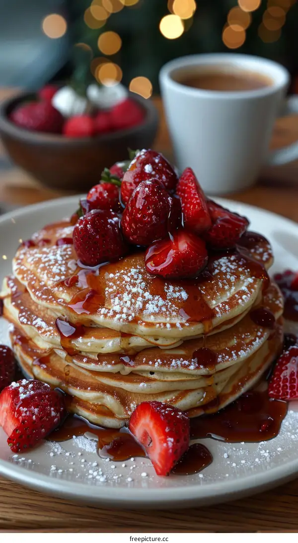 Decadent Pancakes with Fresh Strawberries and Maple Syrup