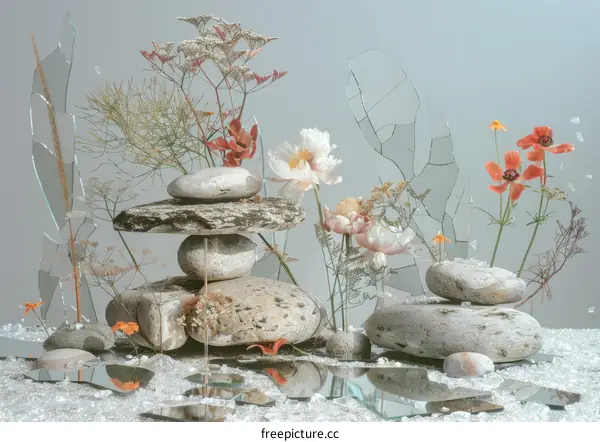 Still Life with Stones, Glass, and Flowers