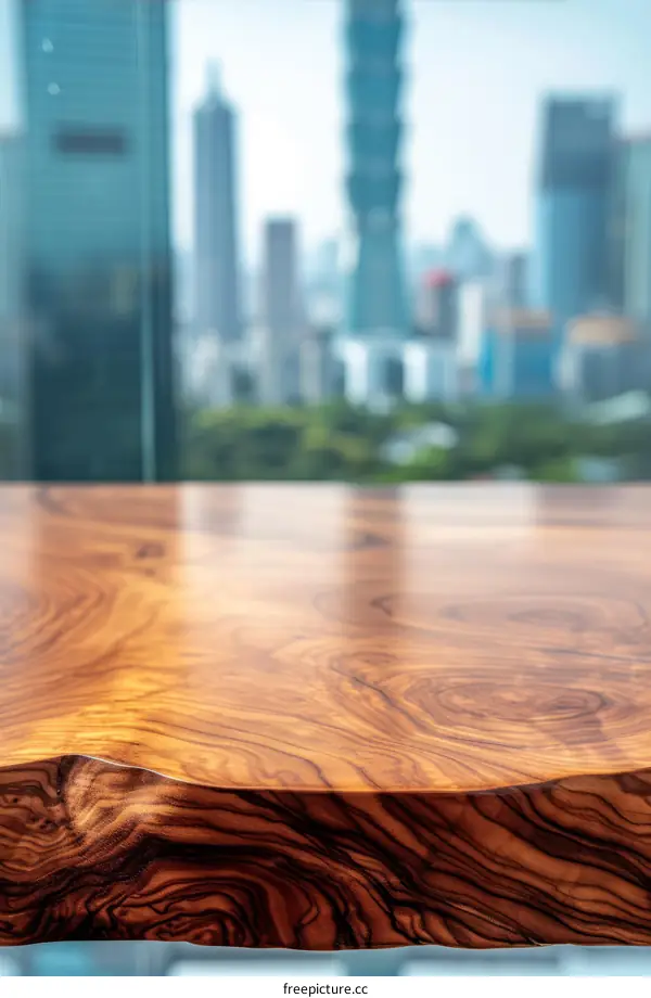 Close up of a wooden table with a blurred cityscape background