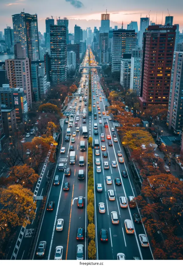 Tokyo Expressway at Dusk with Cars and Buildings in the Background