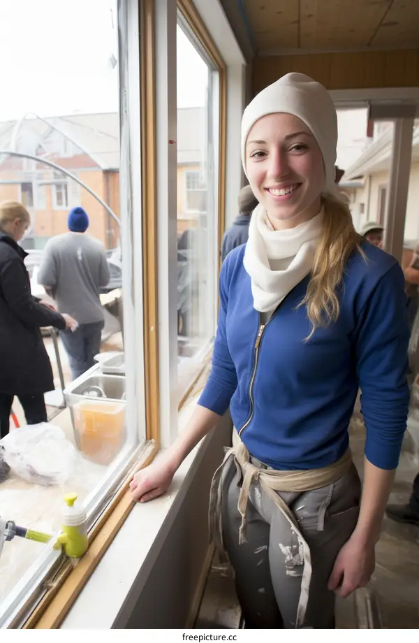 A young woman in a blue sweater and white beanie smiles at the camera