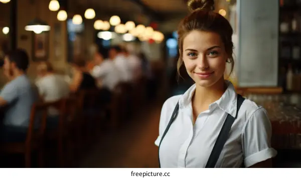 Portrait of a young waitress in a busy restaurant