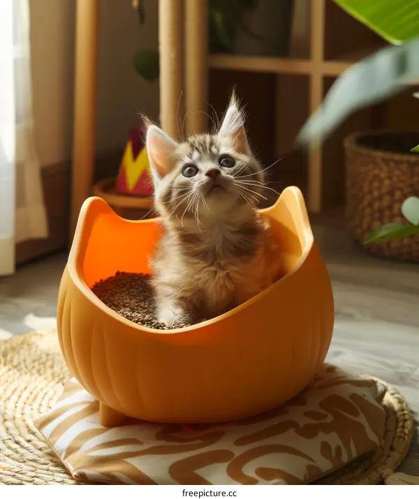 A cute kitten is sitting in a pumpkin-shaped cat litter box