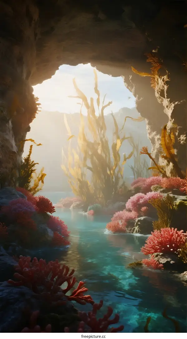 Enchanted Underwater Cave with Vibrant Coral Reef and Sunlight