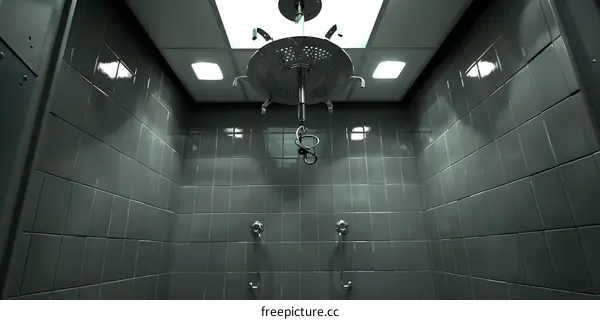 Shower Room With Grey Tiles and Ceiling Lights