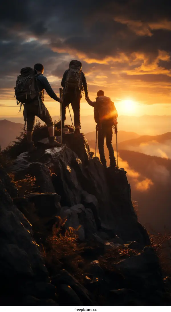 Three hikers on a mountaintop at sunrise
