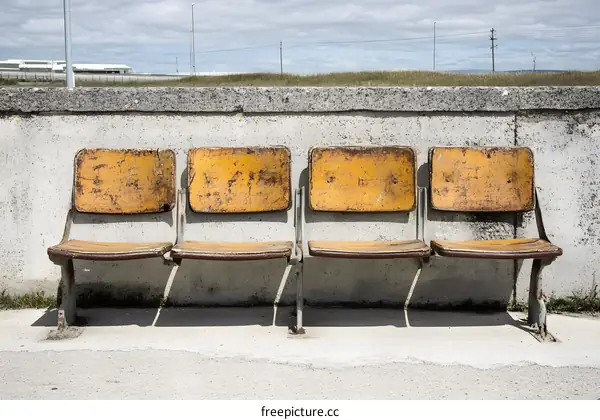 Four Empty Yellow Chairs Against Concrete Wall