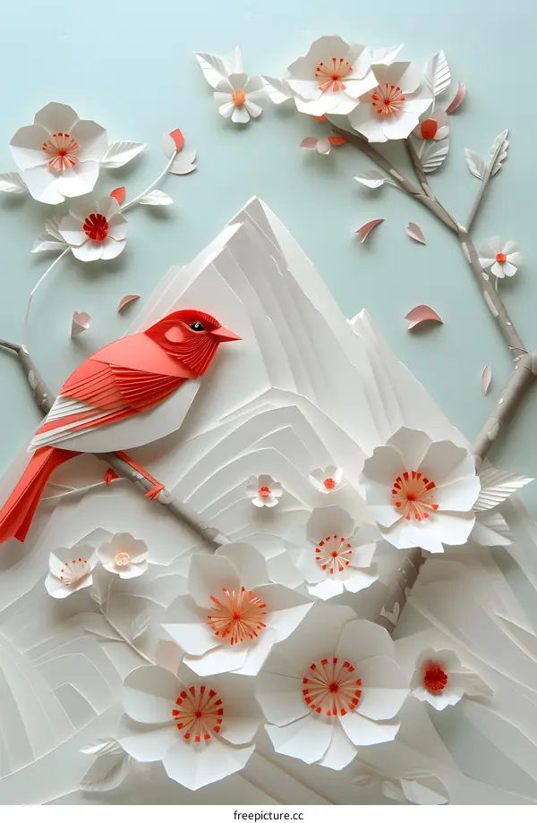 Paper Art Red Bird and White Flowers in Mountain Landscape