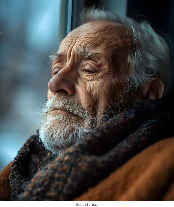 An old man is looking out the window