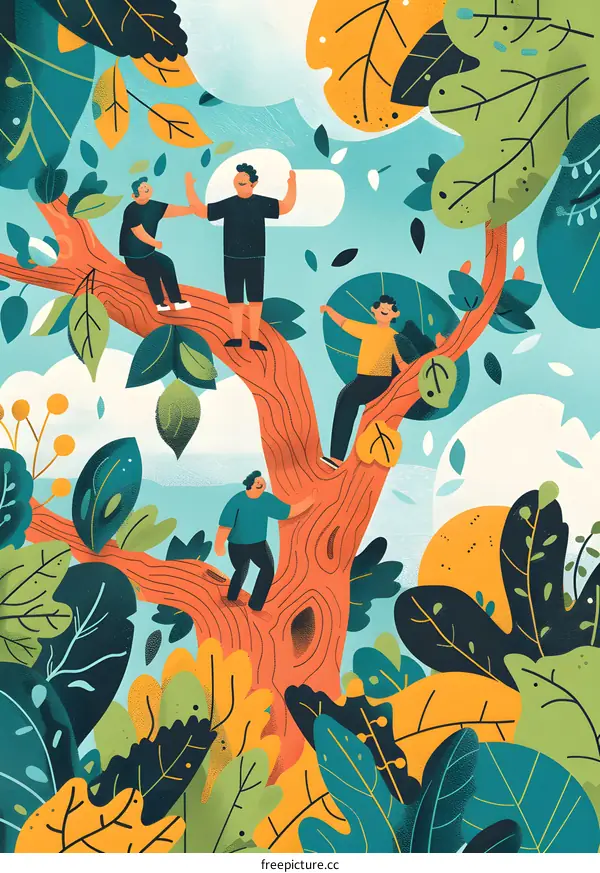 Four Friends Climbing Tree Together In Nature Illustration