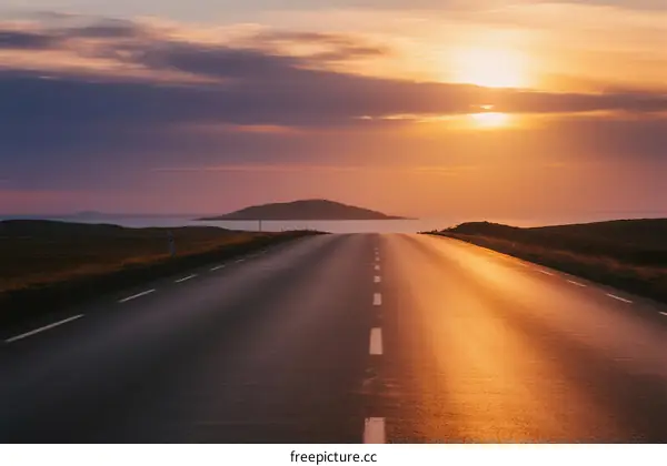Sunset illuminating an empty road leading to a distant island