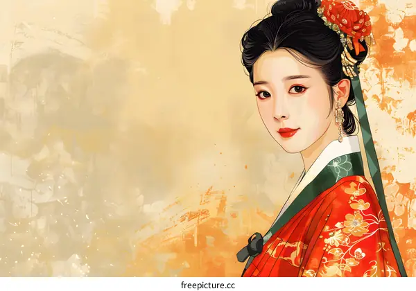 Korean Woman in Traditional Hanbok Dress with Flower Accessories