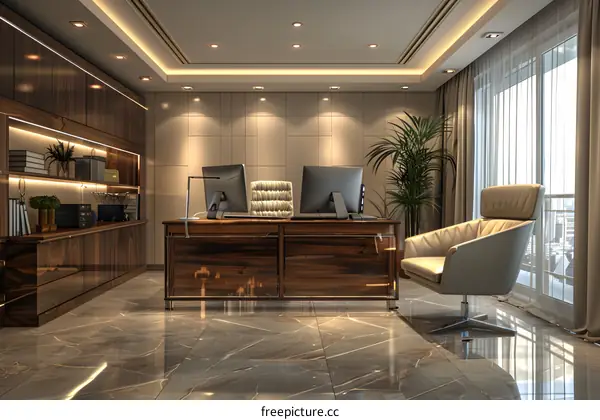 Modern office interior design with marble floor, wood paneling, and large windows