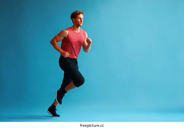 Man Running in Athletic Wear Against a Solid Background