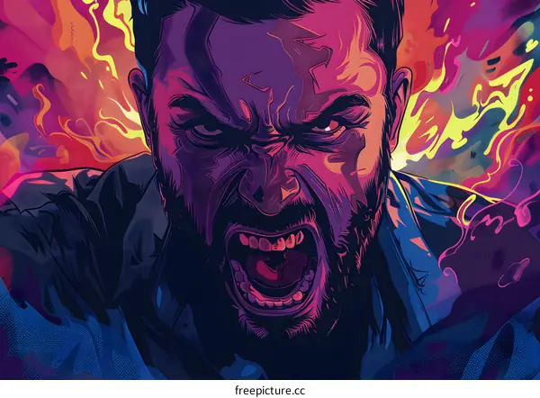 man with beard screaming in front of colorful background