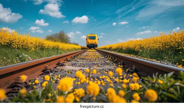 Yellow Train Through a Field of Blooming Canola