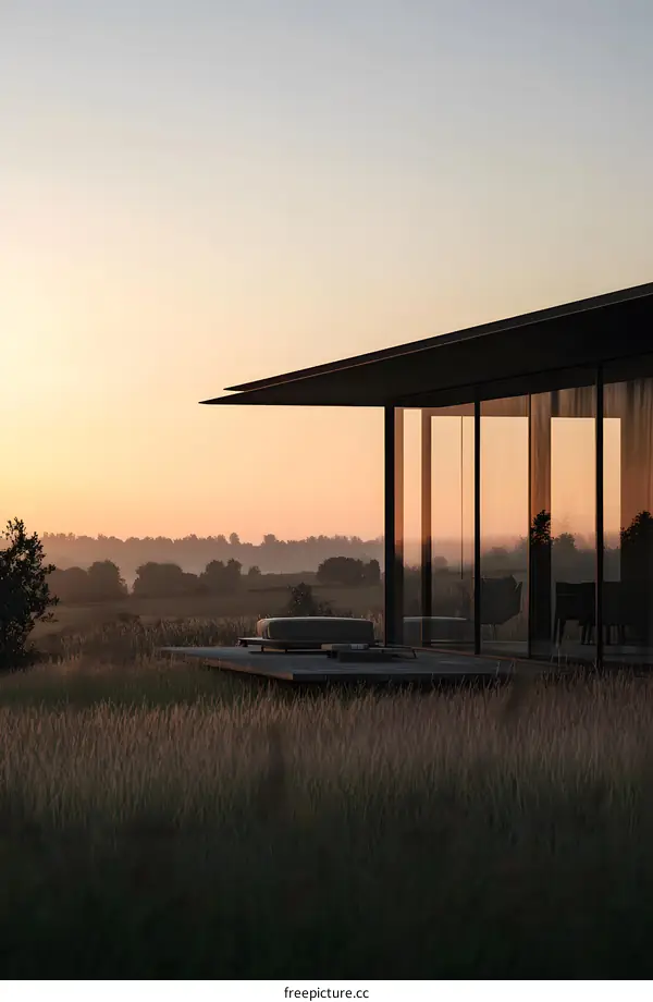 Modern Minimalist House Design in a Field with Sunrise