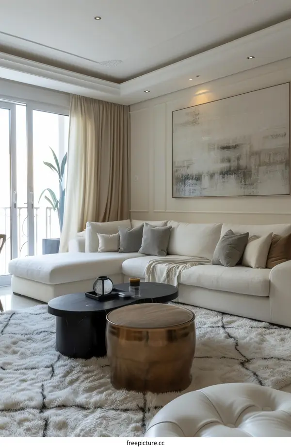 Modern Living Room with Comfortable Sofa and Bright Balcony