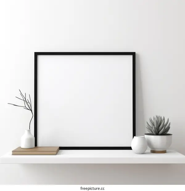 Black picture frame mockup with a plant and a book on a white shelf