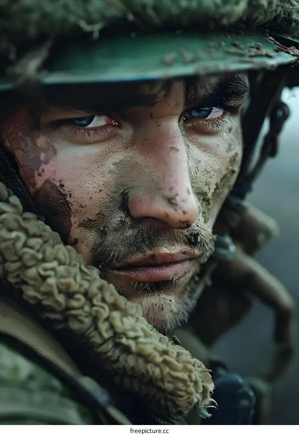 Portrait of a soldier with mud on his face