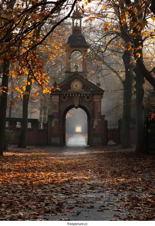 Autumnal Gate with Clock Tower and Sun Rays