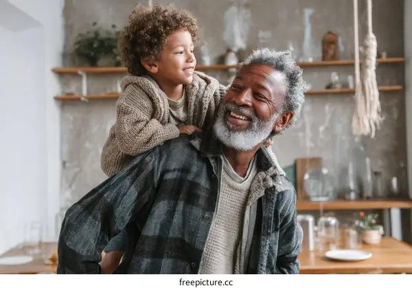 Grandfather carrying grandchild on shoulders