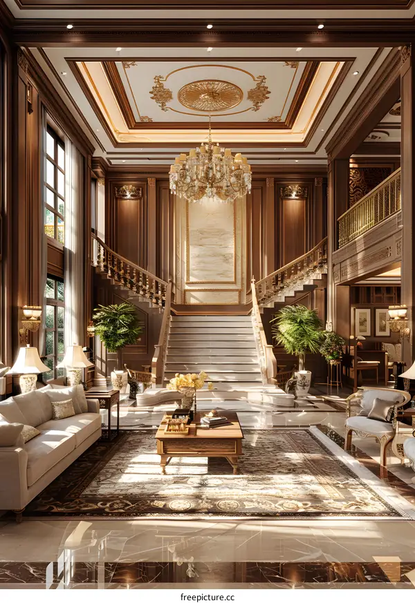 European style luxury living room interior and staircase