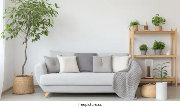 Bright living room with white sofa and green plants