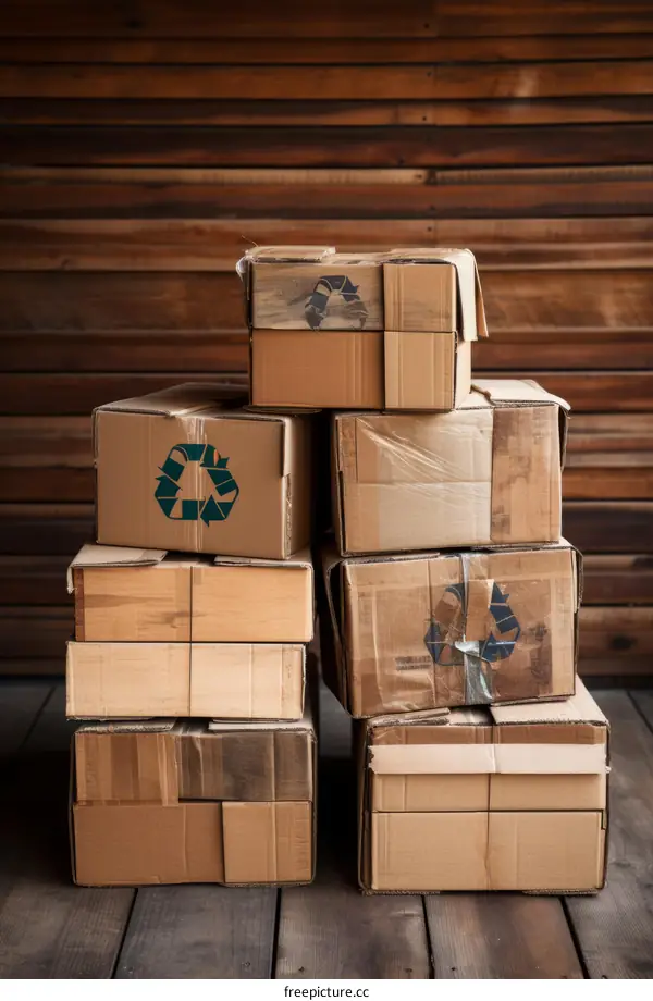 Cardboard Boxes Stacked against a Wooden Wall in a Warehouse